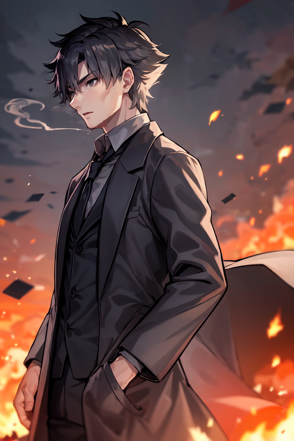 52402-607685752-emiyaki, 1boy, male focus, solo, long coat,  suit, grey shirt, necktie, stubble, sky, smoke, night sky, rubble, embers, _lora_em.png